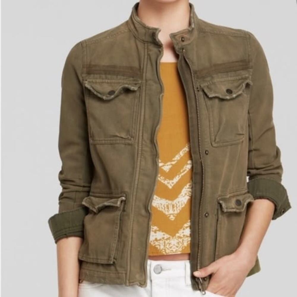 Free People Pure Cotton Army Green Military Pocket Front Style Full Zip Jacket